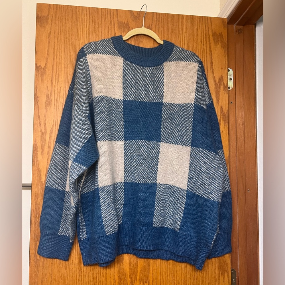 OAK + FORT Blue and Cream Plaid Men's Crewneck Sweater